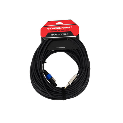 The coiled black Cerwin-Vega! Premium Series speaker cable, with red and black packaging at the top, is labeled CBLSPKNTRS100 - SPEAKON TO 1/4" MALE (100 FT). It features a premium copper core with a silver jack on one end and a blue and black connector on the other.