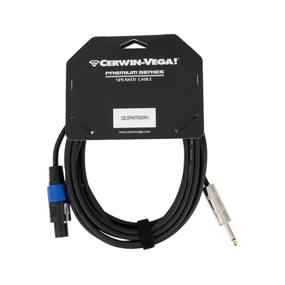 The twisted black premium Cerwin-Vega audio cable is neatly attached to a black cardboard, featuring a silver 1/4" MALE jack on one end and a blue-black SPEAKON on the other, labeled "CBLSPKNTRS20 - SPEAKON TO 1/4" MALE (20 FT).