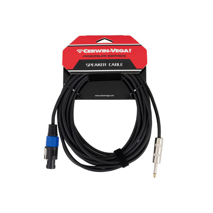 The CBLSPKNTRS25 is a 25 ft coiled black speaker cable with a blue Speakon connector and metallic 1/4" jack, offering top audio quality. Packaged with a red and black Cerwin-Vega! Premium Series label, it features copper conductors and includes a black Velcro strap for securing the coil.