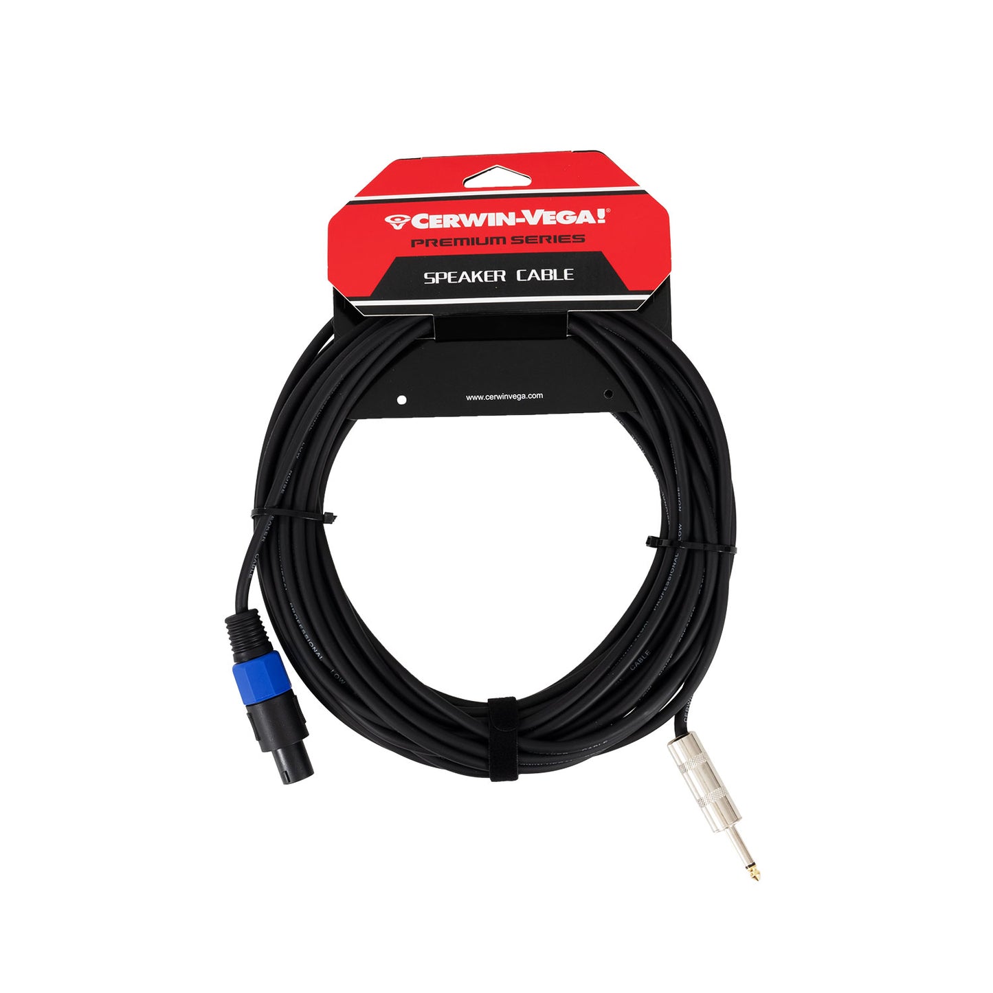 The CBLSPKNTRS50 - SPEAKON TO 1/4" MALE (50 FT) speaker cable is coiled in red and black packaging, featuring high conductivity. It has a blue and black connector on one end and a sleek white and gold plug on the other, all secured with black twist ties.