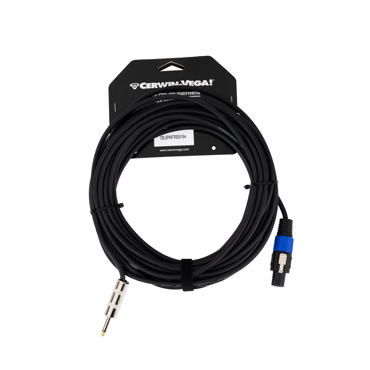 The CBLSPKNTRS50 audio cable features a 50 FT coil with high conductivity, a silver 1/4" male connector on one end, and a stylish black and blue SpeakON to 1/4" male connector on the other, all set against a black background with "Cerwin Vega!" branding.