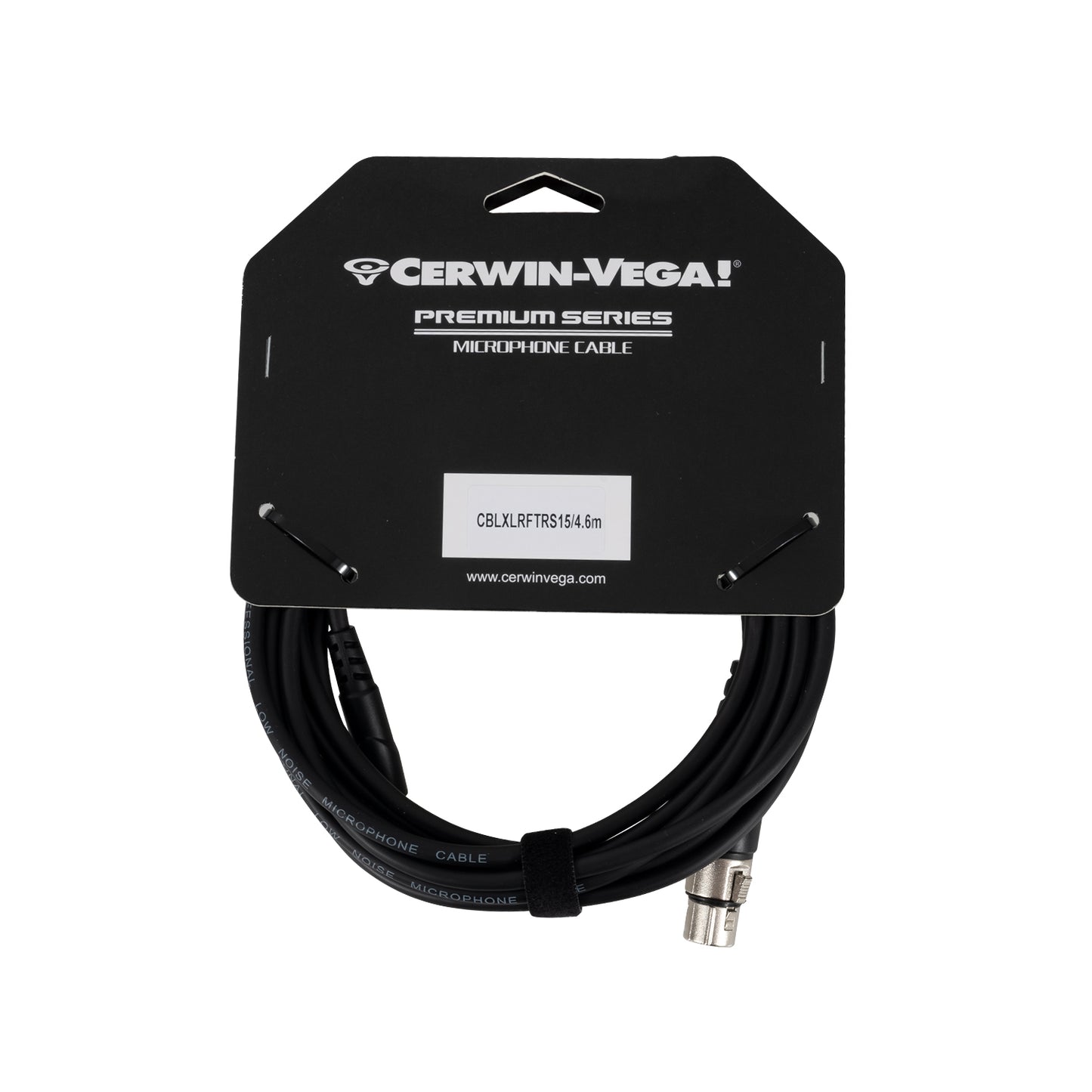 A Cerwin-Vega! Premium Series Microphone Cable, model CBLXLRFTRS15, features a 4.6m XLR Female to 1/4" Male connector. Packaged in black and coiled with a Velcro strap, it's ideal for audio pros with pure copper conductors clearly displayed.