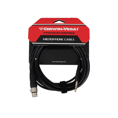 The CBLXLRFTRS20, a 20FT coiled black microphone cable with XLR female to 1/4" male connectors, is packaged on a black and red "Cerwin-Vega! Premium Series" display card. Secured with a black Velcro strap. For more details, visit www.cerwinvega.com.