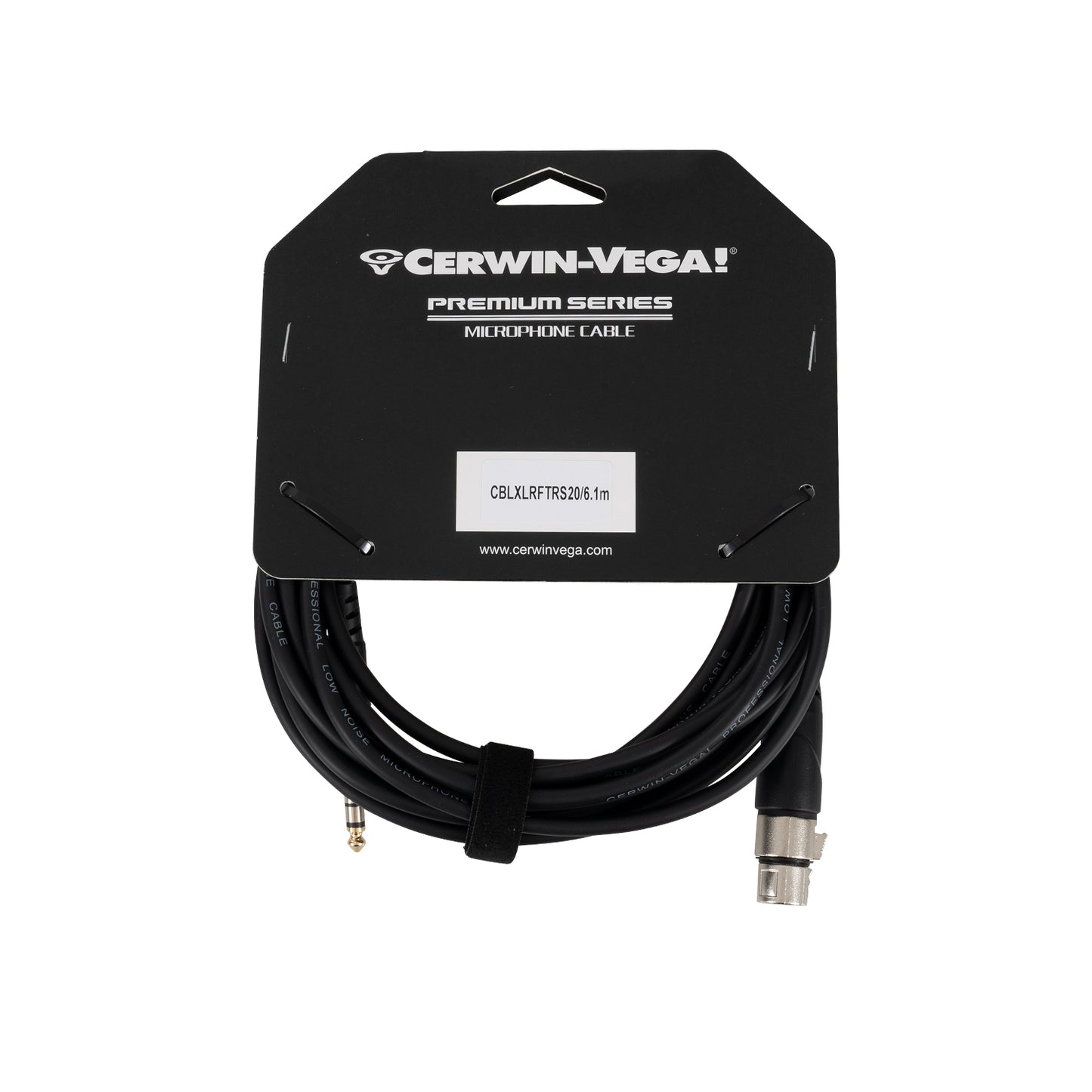 The CBLXLRFTRS20, a black 20FT XLR female to 1/4" male cable by Cerwin-Vega! Premium Series, is encased in a cardboard holder with white branding and details. It offers professional-grade performance and includes a Velcro strap for neat organization.