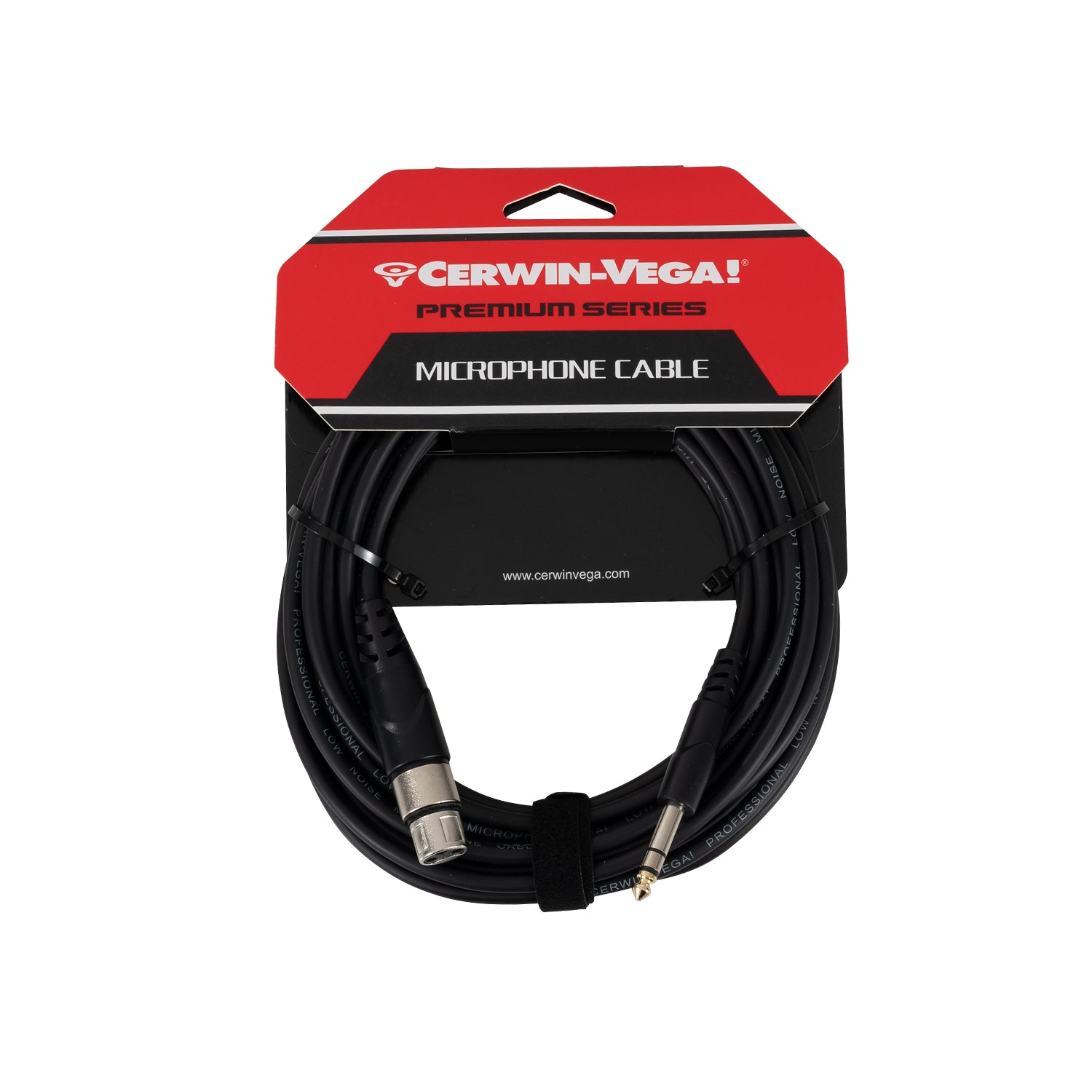 The CBLXLRFTRS25 is a 25 ft coiled XLR female to 1/4" male microphone cable in black, packaged with a red and black cardboard holder. It is ideal for audio setups, featuring high-quality construction with the Cerwin-Vega logo and website on the packaging.