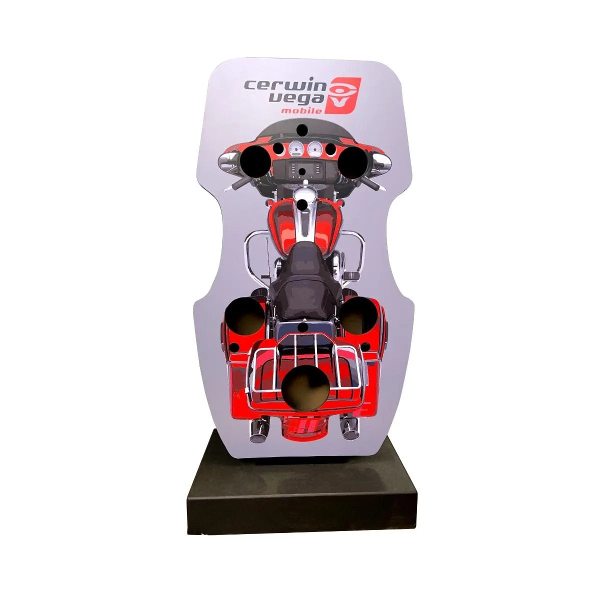 Display featuring the CER-DISBIKE, a motorcycle-shaped audio system with four speakers, in sleek red and silver design. "Cerwin Vega Mobile" branding tops it off, mounted elegantly on a black rectangular base.