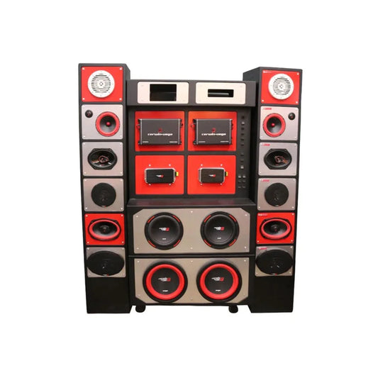 The Cerwin-Vega Mobile Display is a large car audio system with multiple speakers and subwoofers in a rectangular frame. It features a bold red and black color scheme, circular speakers, and rectangular amplifiers, creating an eye-catching pattern.