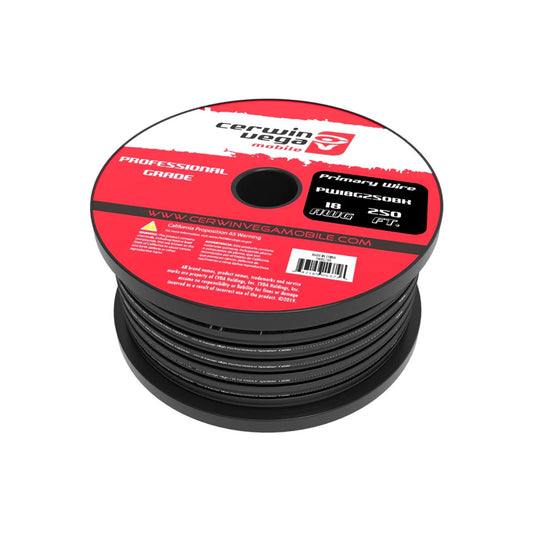 The Cerwin Vega Mobile 18-gauge primary wire spool, PW18G250BK, is labeled as professional grade and features 250 feet of oxygen-free copper. It has a red and white label showcasing the brand's logo and website URL, ideal for sound system installation.