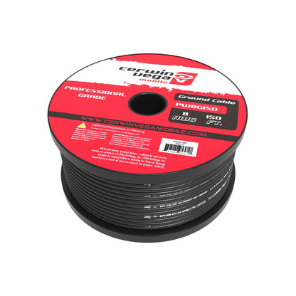 The CERWIN-VEGA 8 Gauge Ground Wire - PW8G150 is featured, ideal for sound system setups. Its black spool showcases a red and white label with "Pb-Free, ISO 9001," branding, a website URL, key warnings, and ensures oxygen-free copper quality.