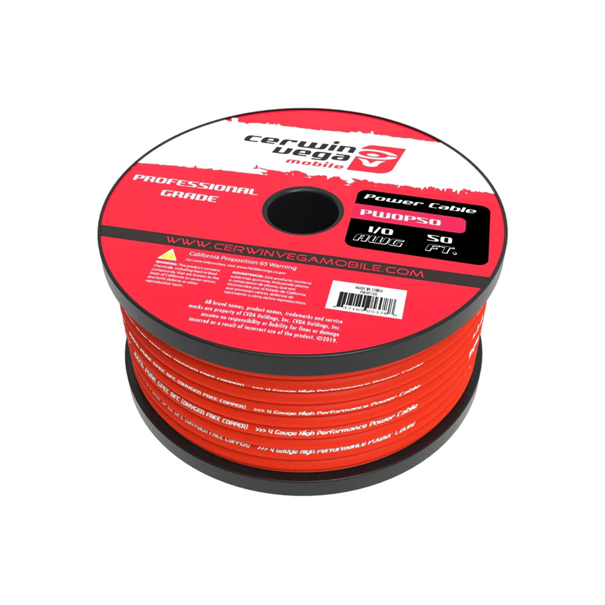 A spool of CERWIN-VEGA OFC 1/0 Gauge Power Wire - PW0P50, made from oxygen-free copper and wrapped in red insulation, features branding and safety warnings in a red and white design.