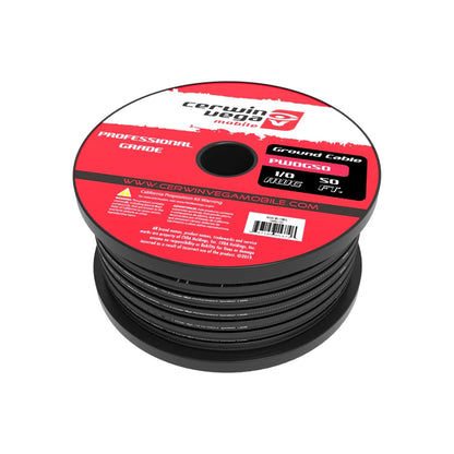 A spool of CERWIN-VEGA OFC 1/0 Gauge Ground Wire - PW0G50 features a "Professional Grade," "110 Gauge," and "50 Ft." red and black label. This Oxygen Free Copper cable, perfect for sound system installations, is tightly coiled against a white background.