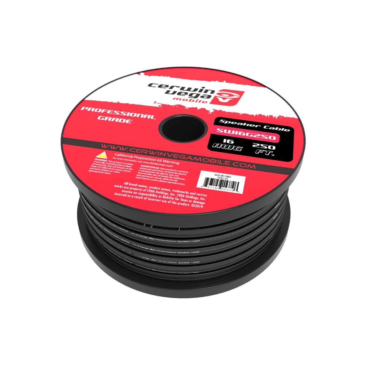 The CERWIN-VEGA OFC 16 Gauge Speaker Wire - SW16G250 is a professional-grade black speaker cable labeled "Cerwin Vega Mobile," perfect for sound system installation. Spanning 250 feet, it is crafted from oxygen-free copper to ensure premium audio quality and features logos and caution warnings.