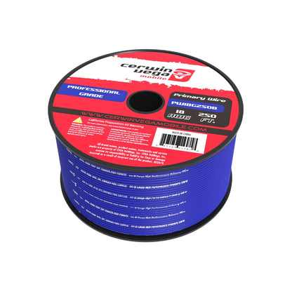 The CERWIN-VEGA OFC 18 Gauge Primary Wire (PW18G250B) is a professional-grade, 250-foot blue spool ideal for sound system installation, featuring oxygen-free copper. The label shows safety warnings and the red and black Cerwin Vega Mobile logo, along with contact information.