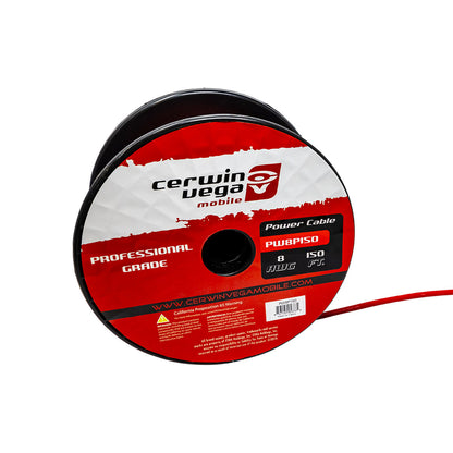 The spool of CERWIN-VEGA OFC 8 Gauge Power Wire - PW8P150 displays the brand logo and highlights its oxygen-free copper, 150 feet length, and includes product details along with a California Proposition 65 warning about chemical exposure risks.