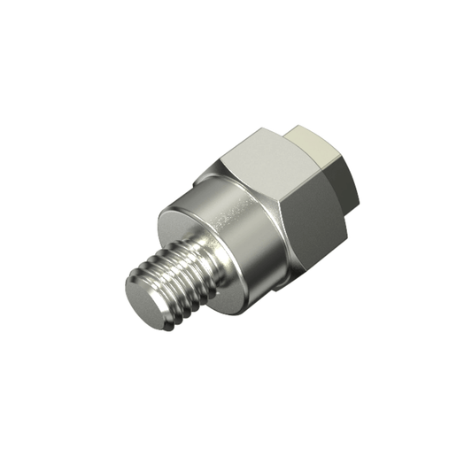 The GM Side Post Short Adapter - CGMS, shaped like a hexagonal metallic bolt, has a threaded shaft and flat top. Its shiny silver surface and larger hexagonal head subtly reflect light as it sits slightly tilted.