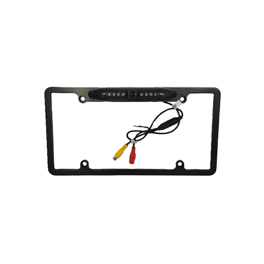 The CLF1B Black HD License Plate Frame features a backup camera at the top center with LED lights, plus red and yellow cables for power and video connections to boost vehicle safety.