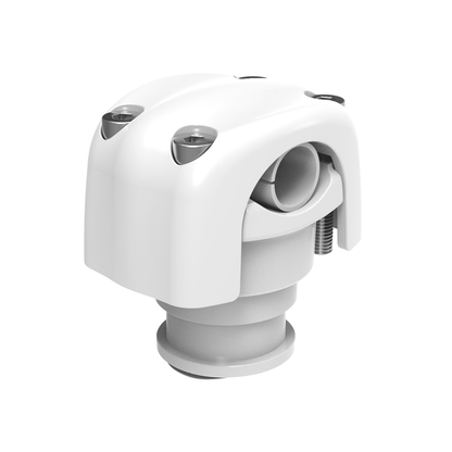 The RPM Clamp - Black & White features a dome-shaped design with an extruded aluminum base and visible metal screws. Its upper section has cable/tubing openings, anodized silver for UV resistance, making it ideal for engineering applications.