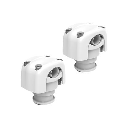 Two RPM Clamp - Black & White cable glands, featuring a rounded white design with metal top screws for secure fastening and a grey base for UV resistance. Displayed side by side against a plain white background.