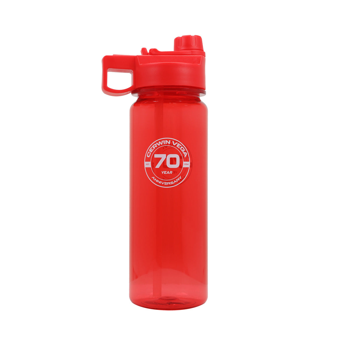 The Cerwin-Vega 70th Anniversary Commemorative Water Bottle, crafted from BPA-free plastic, features a red cylindrical design with a flip-top lid, built-in handle, transparent body, and the "Cerwin Vega 70 Year Anniversary" logo.