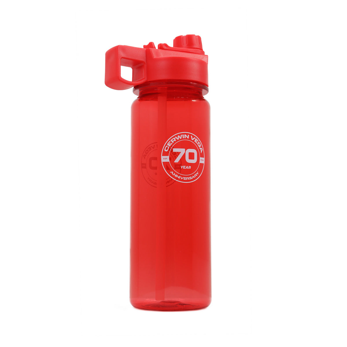 Celebrate in style with the limited-edition Cerwin-Vega 70th Anniversary Commemorative Water Bottle. This red, 24 oz reusable bottle features a flip-top lid, squared handle, and circular white and red logo with "DARWIN VELOZ" on top. Made from BPA-free plastic, it’s leakproof and iconic.