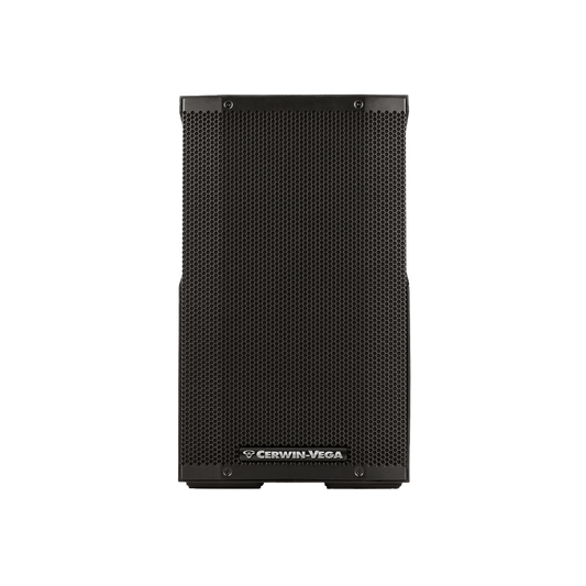 The CVE-10, a black 10" 2-way powered loudspeaker from the Cerwin-Vega CVE Series, features a perforated grille with the logo at the bottom center. It has a rectangular shape with slight side indentations on a white background.