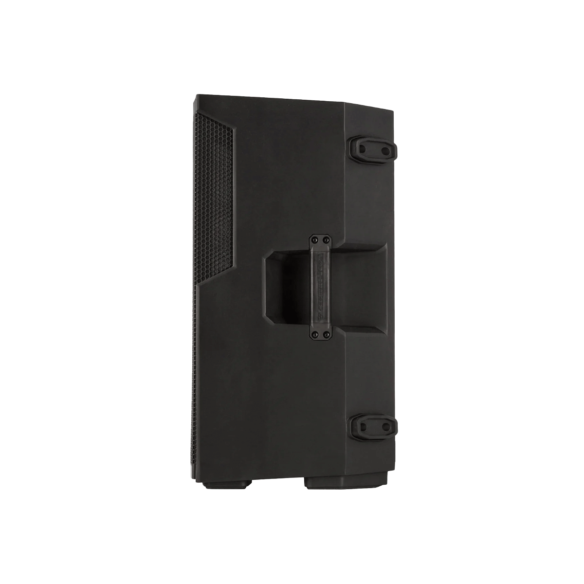 The CVE Series 10" 2-Way Powered Loudspeaker (CVE-10) is a slim, black device with a minimalist design that can be mounted vertically. It has a central carrying handle, vented side panels, and front brackets for attaching to surfaces or stands.