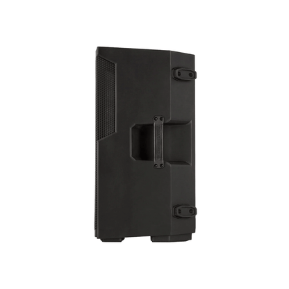 The CVE Series 10" 2-Way Powered Loudspeaker (CVE-10) is a slim, black device with a minimalist design that can be mounted vertically. It has a central carrying handle, vented side panels, and front brackets for attaching to surfaces or stands.