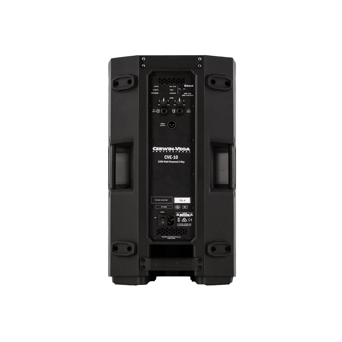 The black CVE Series 10" 2-Way Powered Loudspeaker (CVE-10) offers a central control panel with inputs, outputs, volume knobs, and switches. Its robust casing has side handles for easy portability, while the bottom displays labels and safety certifications—a standout in the CVE Series.