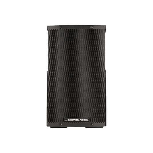 The CVE Series 12" 2-Way Powered Loudspeaker (CVE-12) is a rectangular black speaker with a perforated metal grille, flat top and bottom, and slightly angled front. The centered "Cerwin-Vega" logo complements its simple, modern design ideal for Bluetooth audio streaming.