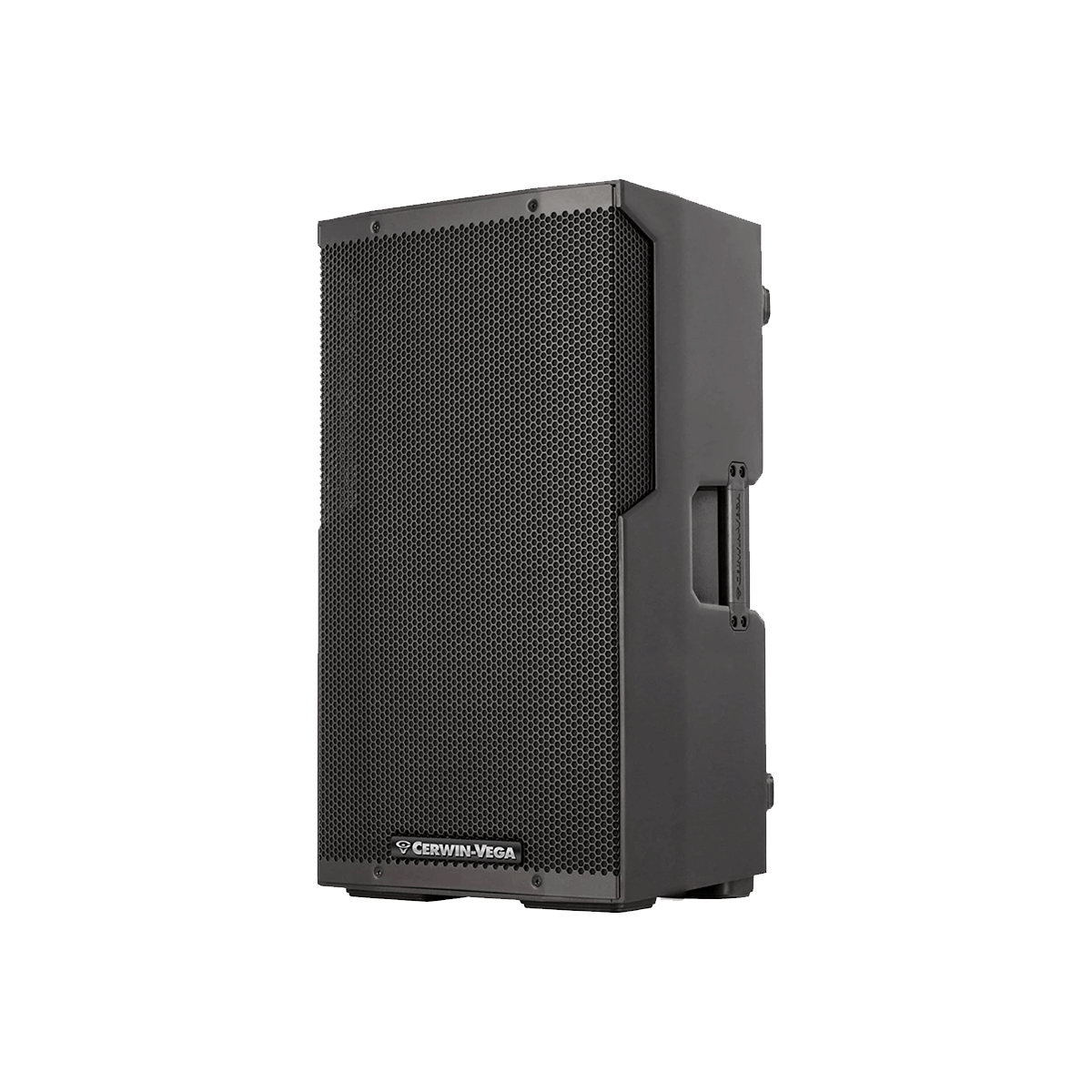 The CVE-12 is a black Cerwin-Vega 12" 2-way powered loudspeaker with a textured metal grille and logo at the bottom. Its rectangular design includes side handles for easy transport and Bluetooth audio streaming, making it ideal for professional setups against a plain white background.