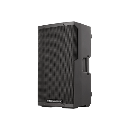 The CVE-12 is a black Cerwin-Vega 12" 2-way powered loudspeaker with a textured metal grille and logo at the bottom. Its rectangular design includes side handles for easy transport and Bluetooth audio streaming, making it ideal for professional setups against a plain white background.