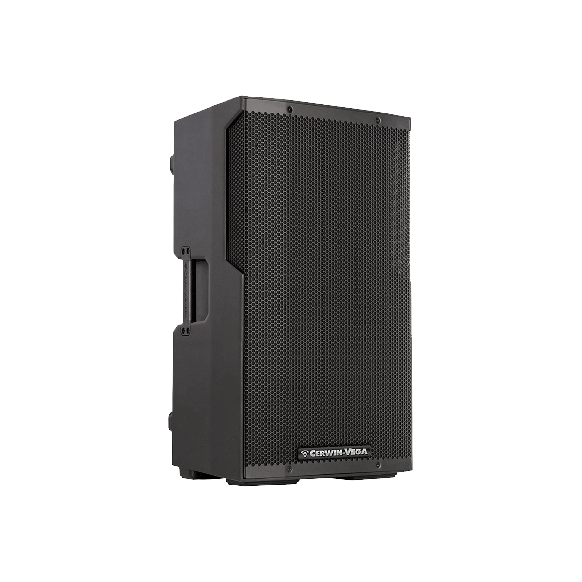 The CVE Series 12" 2-Way Powered Loudspeaker (CVE-12) in black is a rectangular speaker with a perforated front grille and Cerwin-Vega logo at the bottom center. It has two side handles for easy transport and is displayed on a plain white background.