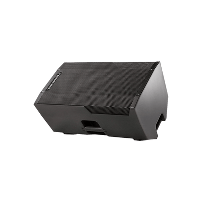 A CVE Series 12" 2-Way Powered Loudspeaker (CVE-12) rests horizontally on a white backdrop, highlighting its perforated front grille and sturdy shell with angled edges. It features visible side handles for easy transport, making it perfect for both stationary and portable audio applications.