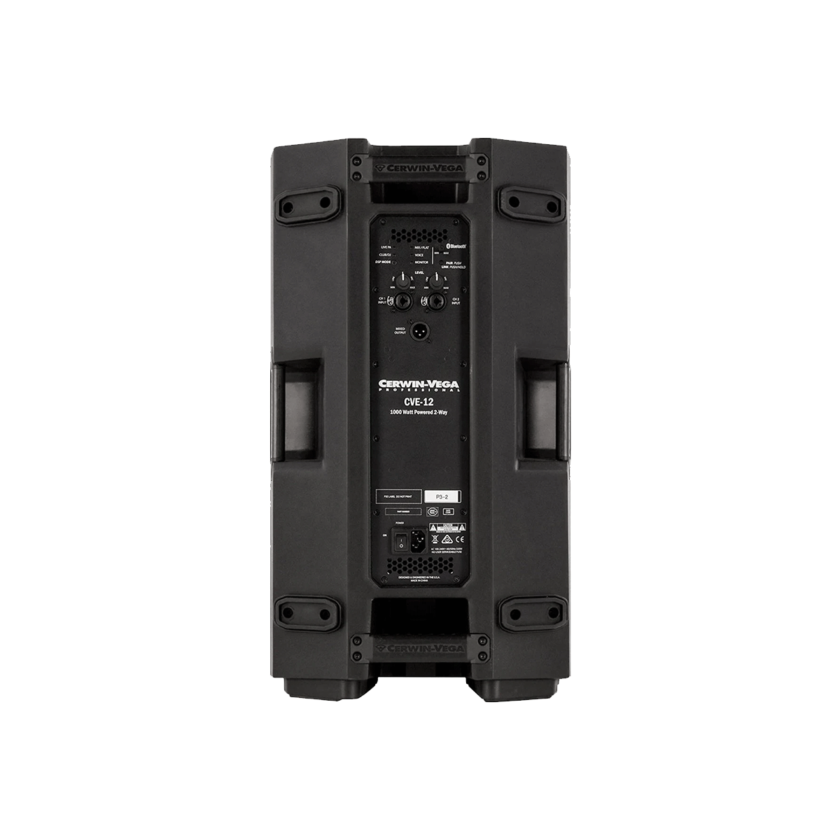 The back view of the CVE Series 12" 2-Way Powered Loudspeaker - CVE-12 highlights its Bluetooth streaming, with knobs, ports, a digital display on input and control panels. Its robust design includes four rectangular handles for portability and functionality.