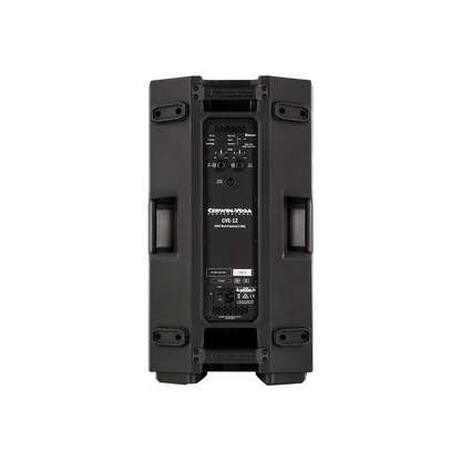 The back view of the CVE Series 12" 2-Way Powered Loudspeaker - CVE-12 highlights its Bluetooth streaming, with knobs, ports, a digital display on input and control panels. Its robust design includes four rectangular handles for portability and functionality.