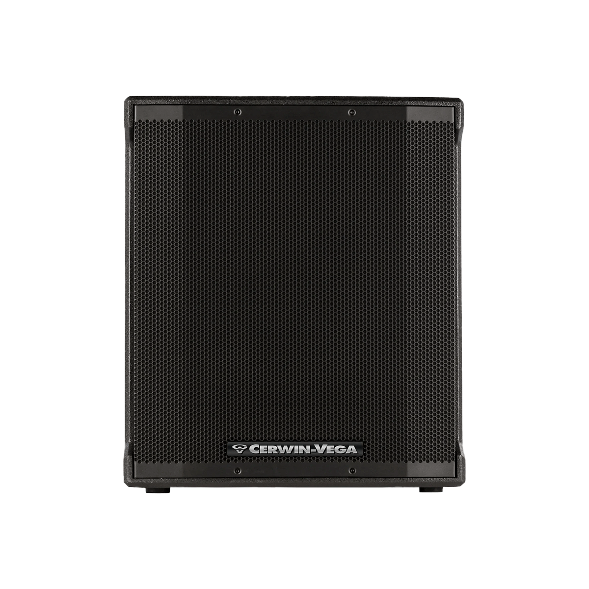 The CVE Series 18" Powered Subwoofer - CVE-18S by Cerwin-Vega has a black exterior with a square, perforated metal grille and centered brand logo. Its minimalist design, with rounded edges and robust look, is ideal for audio amplification needs.