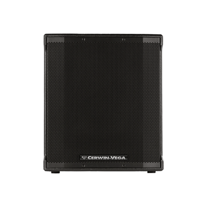 The CVE Series 18" Powered Subwoofer - CVE-18S by Cerwin-Vega has a black exterior with a square, perforated metal grille and centered brand logo. Its minimalist design, with rounded edges and robust look, is ideal for audio amplification needs.