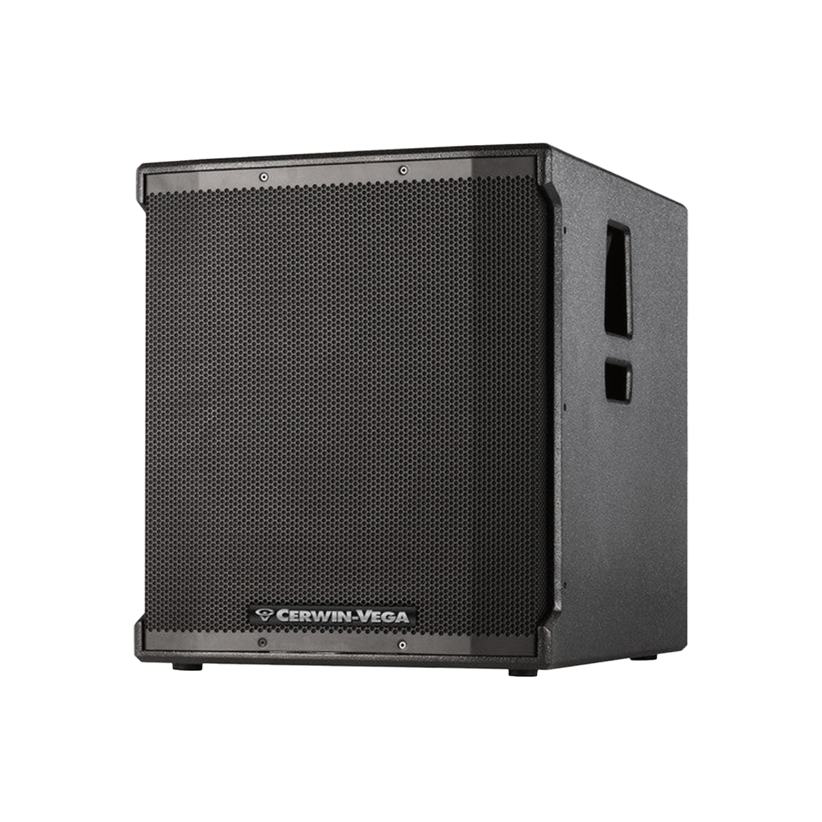 The CVE Series 18" Powered Subwoofer (CVE-18S) by Cerwin-Vega features a black perforated metal grille, curved edges, side handles for easy carrying, and the brand logo at the bottom center. It stands against a plain white background.