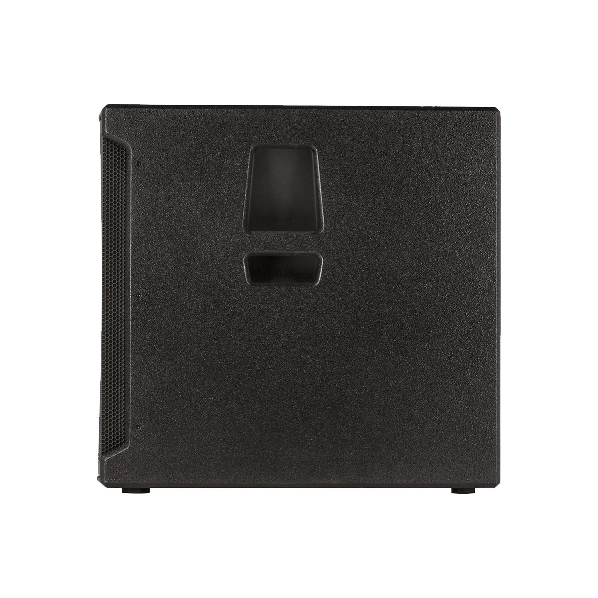 The CVE Series 18" Powered Subwoofer (CVE-18S) is a black rectangular speaker with a textured surface, featuring two recessed handles and a slightly angled front edge, highlighting its minimalistic design and focus on functionality as a portable audio solution.