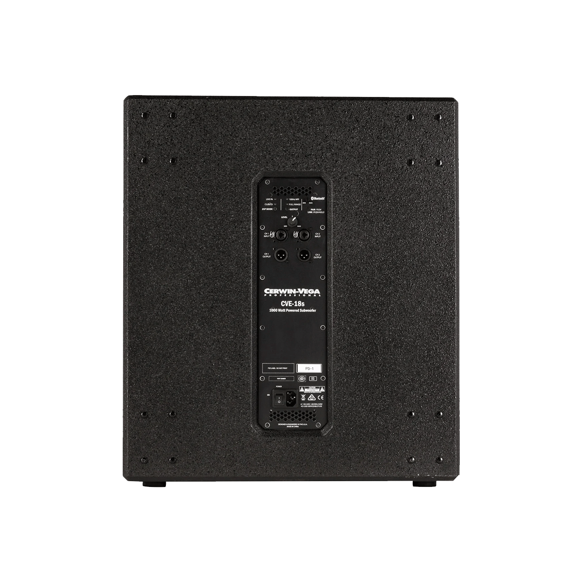 The black rectangular powered subwoofer from the CVE Series, labeled "CVE-18S," features a textured surface. Its back panel includes versatile input/output ports, control knobs, and a power switch, with detailed technical info and logos in the center.