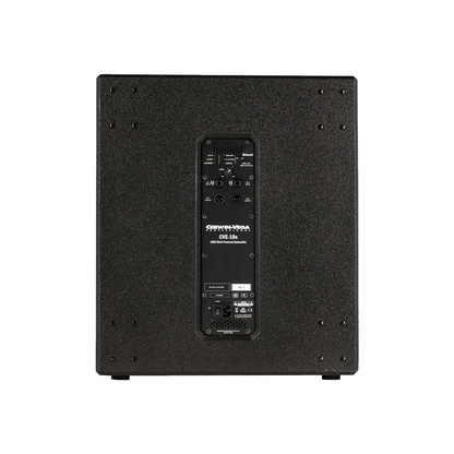 The black rectangular powered subwoofer from the CVE Series, labeled "CVE-18S," features a textured surface. Its back panel includes versatile input/output ports, control knobs, and a power switch, with detailed technical info and logos in the center.