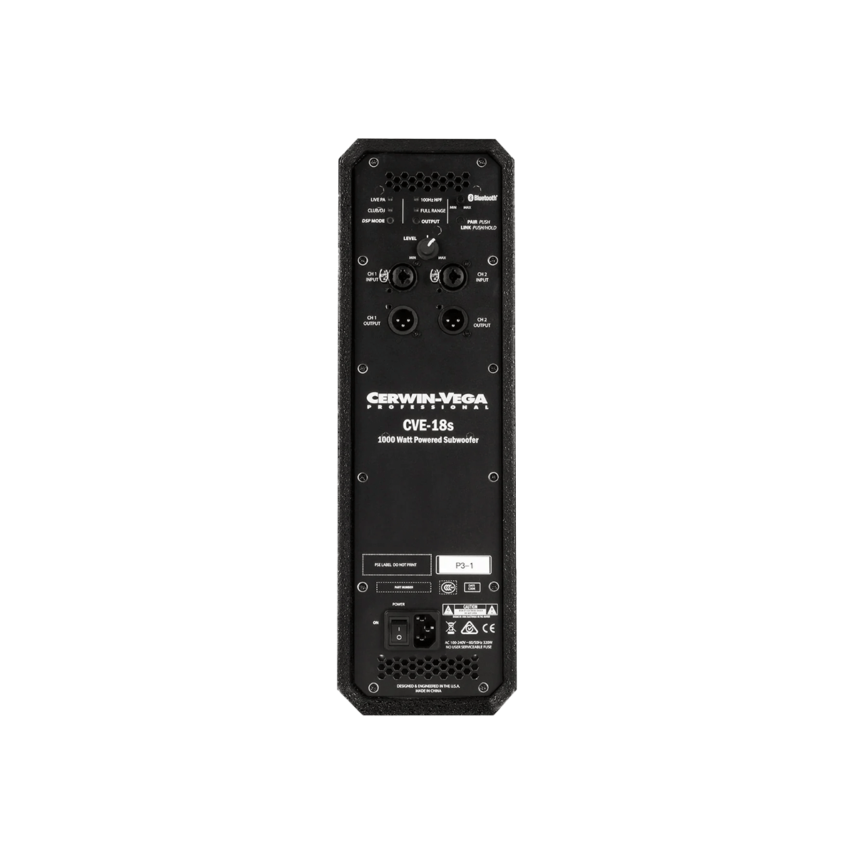 The image shows the rear panel of the CVE Series 18" Powered Subwoofer - CVE-18S, featuring labeled inputs, outputs, control knobs, and a power socket. This portable black subwoofer with white text is designed for versatile audio management.