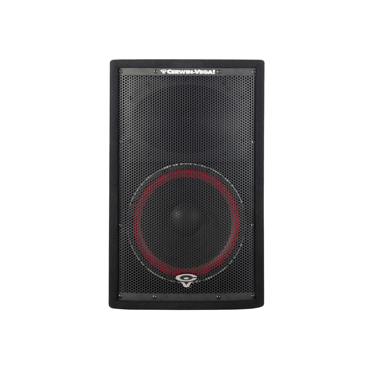 Front view of the CVi Series 12" 2-Way Stage Monitor - CVi-122M, featuring a black rectangular frame and mesh grille. The centered black woofer with a red outline is visible. The Cerwin-Vega logo is at the bottom, with "Cerwin-Vega!" on top, highlighting its stage monitor excellence.