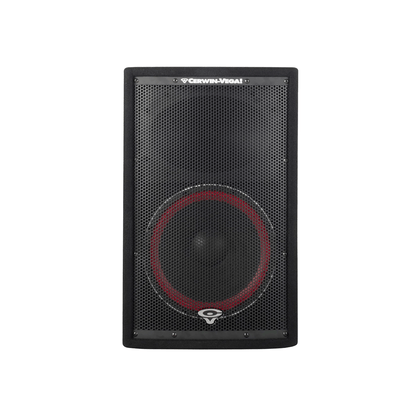 Front view of the CVi Series 12" 2-Way Stage Monitor - CVi-122M, featuring a black rectangular frame and mesh grille. The centered black woofer with a red outline is visible. The Cerwin-Vega logo is at the bottom, with "Cerwin-Vega!" on top, highlighting its stage monitor excellence.