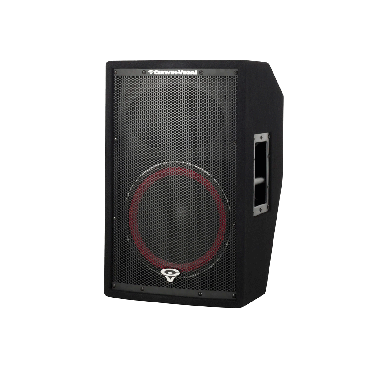The Cerwin-Vega CVi Series 12" 2-Way Stage Monitor (CVi-122M) features a tall black design with a hexagonal mesh grille, red-trimmed cone for stage use, recessed side handle for easy transport, logo at the bottom, and brand name at the top.