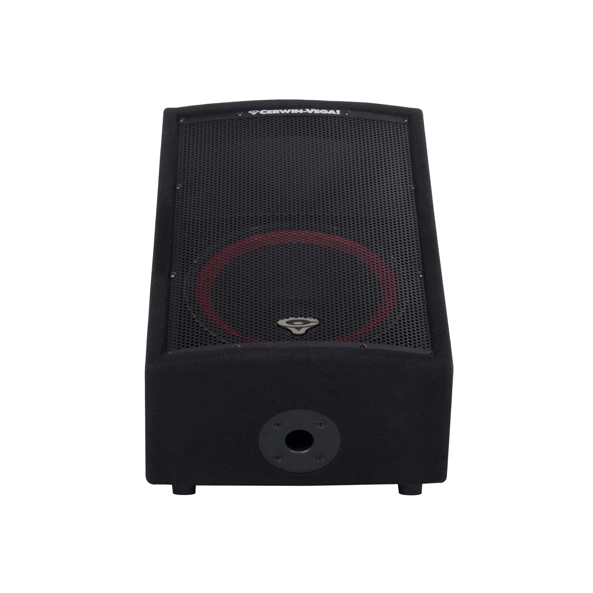 The CVi-122M 12" 2-Way Stage Monitor from the CVi Series features a sleek design with a black mesh cover and red-rimmed speaker. It includes the Cerwin-Vega logo at the top, a round port at the bottom center, and is slightly angled for optimal floor placement.