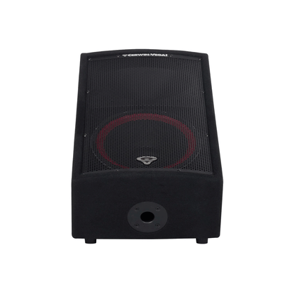 The CVi-122M 12" 2-Way Stage Monitor from the CVi Series features a sleek design with a black mesh cover and red-rimmed speaker. It includes the Cerwin-Vega logo at the top, a round port at the bottom center, and is slightly angled for optimal floor placement.