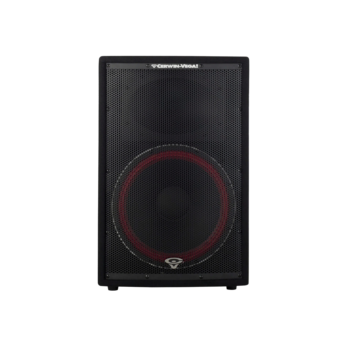 The CVi-152 is a front-view black Cerwin-Vega speaker from the CVi Series, featuring a red outline around the central driver. It has the brand logo on top of its metal mesh grille and boasts a rectangular enclosure with rounded edges, perfect for any portable PA system.