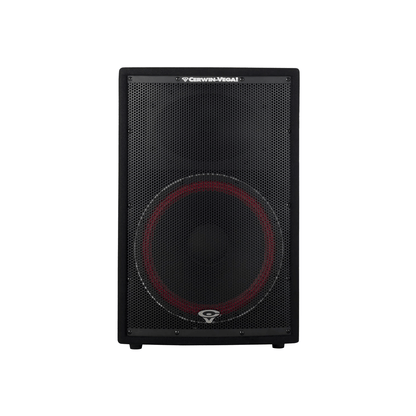 The CVi-152 is a front-view black Cerwin-Vega speaker from the CVi Series, featuring a red outline around the central driver. It has the brand logo on top of its metal mesh grille and boasts a rectangular enclosure with rounded edges, perfect for any portable PA system.