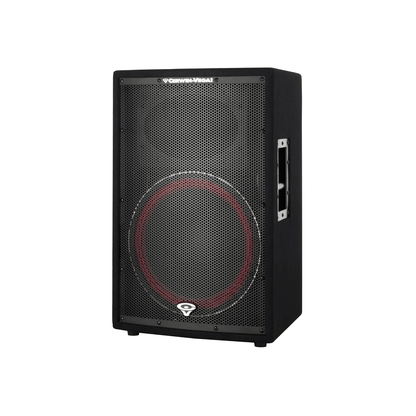 The CVi-152, part of the CVi Series 15" 2-Way Full Range Loudspeaker, is black and box-shaped with a front mesh grille featuring a red circular design around the woofer. The Cerwin-Vega Speakers logo adorns the bottom center, and it has a side handle and four feet for portability against a white background.